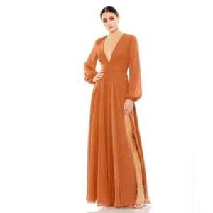Ieena Mac Duggal Terra Cotta Long Sleeve Chiffon Gown Size 14 $398 - Picture 1 of 3