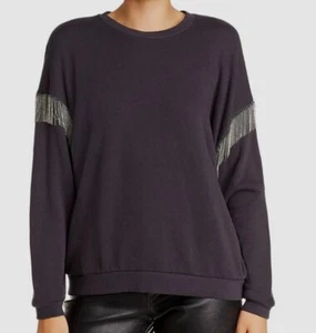 $170 Lna Women's Gray Chain-Fringed Drop-Shoulder Cotton Sweater Sweatshirt M - Picture 1 of 2