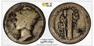 Moneda de diez centavos Mercury 1916 P 10c PCGS escudo dorado genuino AG detalle bola baja - Imagen 1 de 4