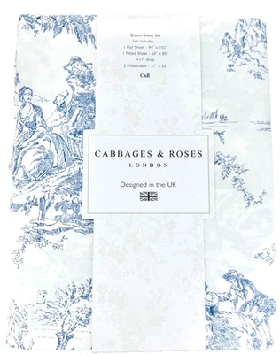 French Blue Country Toile Queen Cotton Percale Sheet Set Cabbages & Roses London - Image 1 of 4