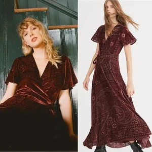 Ralph Lauren Velvet Burnout Wrap Maxi Dress 6 Taylor Swift Silk Maroon Gown $598 - Picture 1 of 18