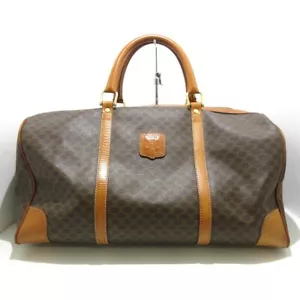 Auth CELINE Macadam Dark Brown Beige Brown PVC Leather Boston Bag - Picture 1 of 12