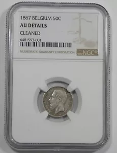 NGC Authentic 1867 BELGIUM King Leopold II Silver 50 Centimes Coin AU Details - Picture 1 of 4