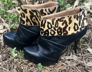 Size 7 (EU 38) Saks Fifth Avenue Women’s 5/48 Leopard Trim Leather Ankle Boots - Picture 1 of 10