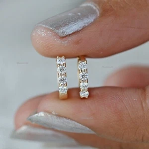 2mm Natural Pave Diamond Hoops 14k Yellow Gold Huggies Cartilage, Helix Earrings - Picture 1 of 11