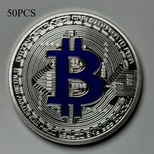 50pcs Virtual Digital Blue BitCoin Silver Plated Commemorative Coin - Photo 1 sur 8