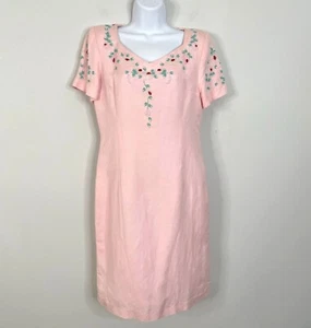 Donna Morgan Womens Dainty Feminine Sheath Dress Size 12 PINK Linen Blend BEADED - Picture 1 of 13