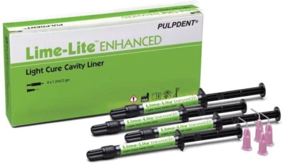 PULPDENT Pulp-Dent Lime-Lite Enhanced Light Cure Cavity Liner 4x 1.2mL Syringe+ 20 Tips