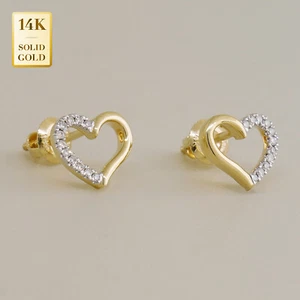 Pendientes Piercing Oro 14K Real Vendido Diamante Mini Corazón Tachuelas Tornillos Regalo - Imagen 1 de 9