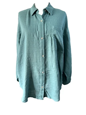 女式 Pull & Bear L/Sleeve Gauze-Like Teal 超大纽扣前上衣尺寸。 S — 第 1/4 张图片