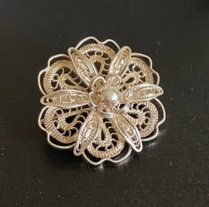 925 silver Pin Brooch filigree flower circle vintage - Picture 1 of 3