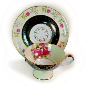 VINTAGE LEFTON #546 PORCELAIN CUP & SAUCER Gold Trim Rose Floral Stars Blue - Picture 1 of 8