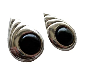STERLING 925 Teardrop Black Cabochon Earrings - Picture 1 of 4