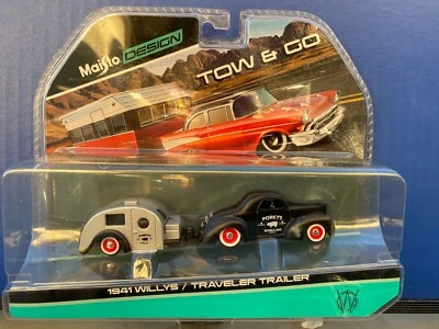 1/64 MAISTO TOW & GO 1941 WILLYS COUPE BLACK & TRAVELER TRAILER SILVER - Image 1 of 2
