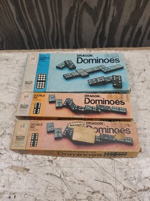 106 Pieces 1970 Black Wooden Dragon Double Nine Dominoes 3 Boxes 55 28  - Image 1 of 4