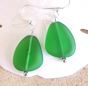 SHAMROCK GREEN Cultured sea glass Handmade with silver drop earrings 1-1/8" L - Picture 1 of 3