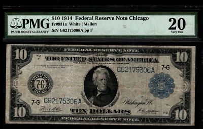 1914 $10 Federal Reserve Note Chicago 7-G Fr. 931a  SN G6175306A PMG 20 - Image 1 of 3