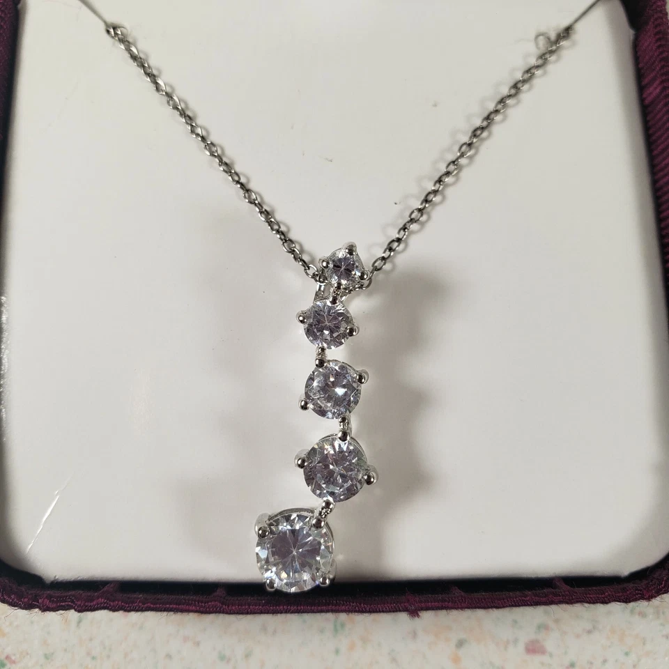 Danecraft Sterling Silver Swerved Drop CZ Stones Pendant 18 in. Chain New in Box - Image 1 of 4