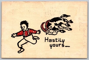 Postcard 1907 Hastily Yours Man Running From Goat Humor Undivided Back M11 - Picture 1 of 2