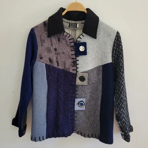 Giacca patchwork lana vintage Baabaazuzu maglia cavo artigianale arte da indossare - Foto 1 di 14