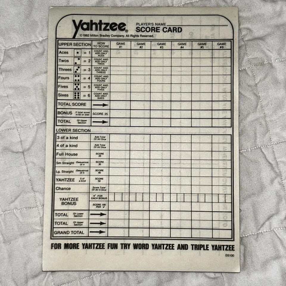 Almohadilla de tarjeta de puntuación de repuesto para juego Yahtzee 1982 tarjeta de puntuación de doble cara de colección Foto 1 de 1