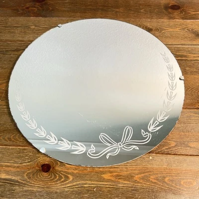 Vintage Mid Century Round Beveled Frameless Floral Bow Etched Wall Mirror - Image 1 of 4