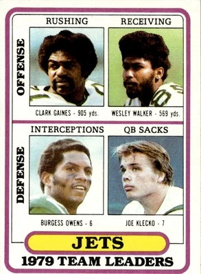 1980 Topps Team Checklists Clark Gaines/Wesley Walker/Burgess Owens/Joe Klecko - Image 1 of 2