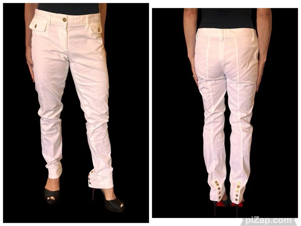 D&G DOLCE & GABBANA VINTAGE WHITE COTTON DENIM PANTS JEANS GOLD BUTTON CUFF 6-8 - Image 1 of 4
