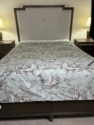 Toile Spa Chinoiserie Custom Made Queen Duvet Cover Soft Green & Brown 87" x 88" - Image 1 of 4