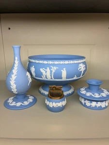 LOTE 6 Jarrón Candelabro Vintage Colección Wedgwood Azul Jaspe Encendedor - Imagen 1 de 23