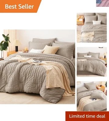 Комплект постельного белья Khaki Seersucker Queen - 7 предметов роскошь для всех сезонов - Изображение 1 из 4