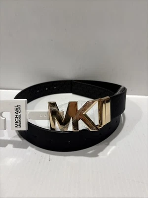 NUEVO CINTURÓN MUJER MICHAEL KORS REVERSIBLE NEGRO/NEGRO MK LOGO HEBILLA DORADA Talla XL Foto 1 de 4
