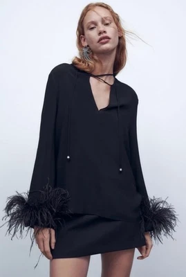 Nueva Blusa Zara Negra Manga Pluma Minimalista Talla M Foto 1 de 4