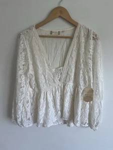 NEW Altard State Top Womens XL White Lace Balloon Sleeve Boho Artsy Knit Popover - Picture 1 of 4