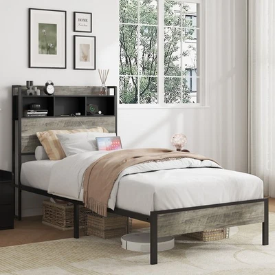 Twin/Full Size Bed Frame Metal Platform Bed with Storage Headboard & USB Port - Image 1 of 4