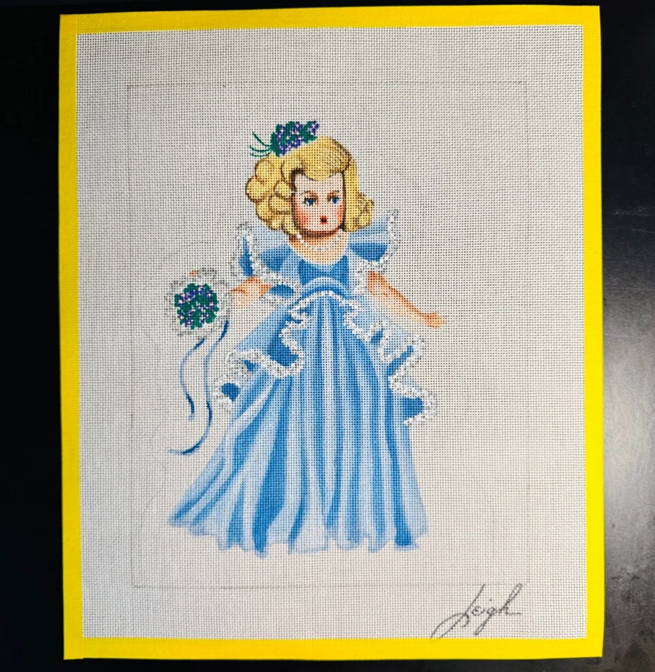MUÑECA RUBIA ELEGANTE - Lienzo de punta de aguja pintado a mano vintage 15x18" - Nuevo de Lote Antiguo Foto 1 de 4
