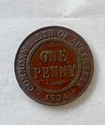 1934 Australia One Penny – King George V – Vintage Copper Coin - Image 1 of 4