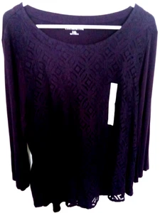 NWT CROFT & BARROW Lg Sl Eggplant w Tonal Lace Boat Neck Cotton Blend Top XXL - Picture 1 of 7