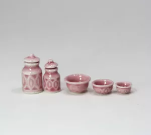 Dollhouse Miniature Pink Ceramic Kitchen Canister and Bowl Set - Picture 1 of 1