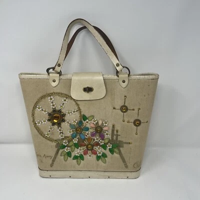 (Enid) Collins Of Texas Spin Away Cartera Bolso de Mano Madera Lona Cuero Foto 1 de 4