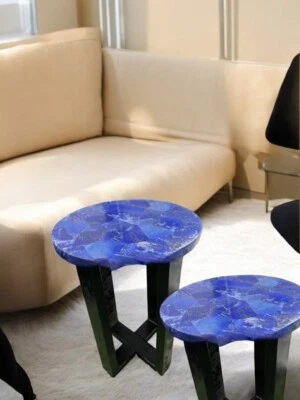 12" Set of 2 Pair Lapis Lazuli Stone Sofa Side Coffee Table Luxury Random Decors - Image 1 of 4