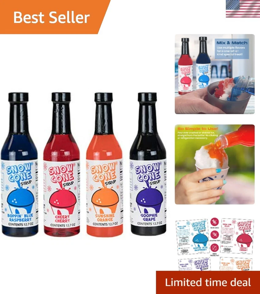 Snow Cone Shave Ice Syrups Four Pack 12 7oz Bottles