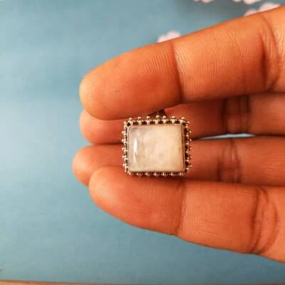 Anillo de piedra lunar arco iris, anillo de plata de ley 925, anillo bohemio, todos los tamaños 3 a 14 Foto 1 de 4