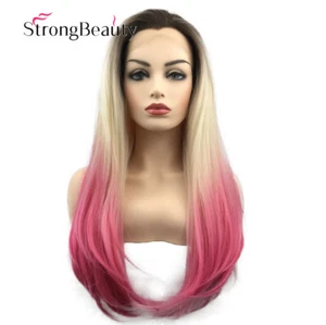 Long Straight Ombre Dark Root Pink Blonde Gradient Wig Lace Front Hair Wigs - Picture 1 of 5