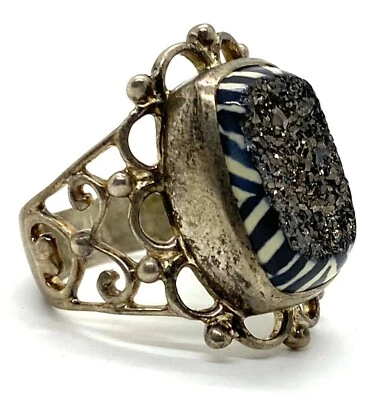 Anillo de cóctel de plata de ley de cuarzo con estampado de cebra blanco negro para mujer talla 9 Foto 1 de 4