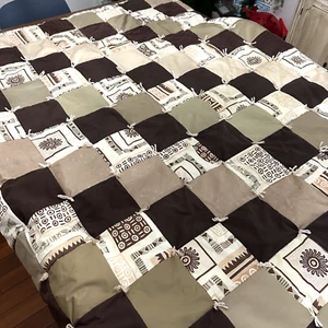 Hand Made Machine Pieced, Hand Tied Neutral Brown Patchwork Quilt 57" x 67" Boho - Picture 1 of 12