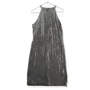 Express Shiny Silver Dress Womens Large Halter Short Stretch Party Club NWT - Picture 1 of 8