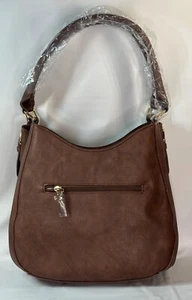 Brown Faux Leather Mutti-section Double Handle Hobo Shoulder Bag Lightweight NWT - Picture 1 of 12