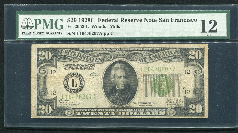 FR. 2053-L 1928-C $20 FRN “GOLD ON DEMAND” SAN FRANCISCO, CA PMG FINE-12 - Image 1 of 2