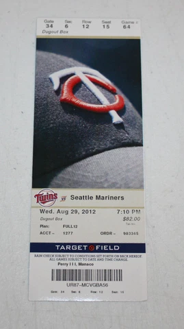Minnesota Twins Ticket Stub | August 29 2012 | Joe Mauer 86th Career HR Cover